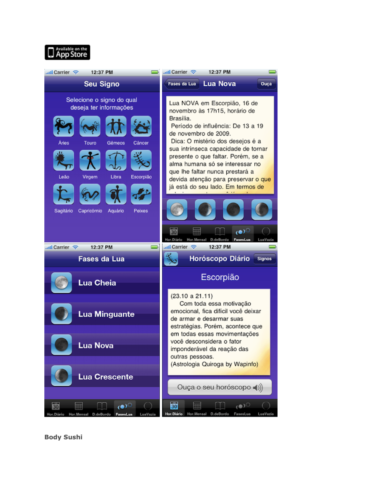 Body Sushi horoscope and astrology iPhone app showing zodiac signs, moon phases, and daily horoscope.