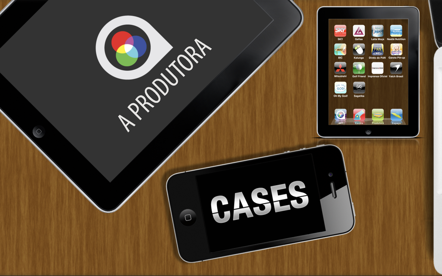 iAi? Produtora section showing iPad with logo, another iPad with client app icons, and iPhone displaying 'CASES'.
