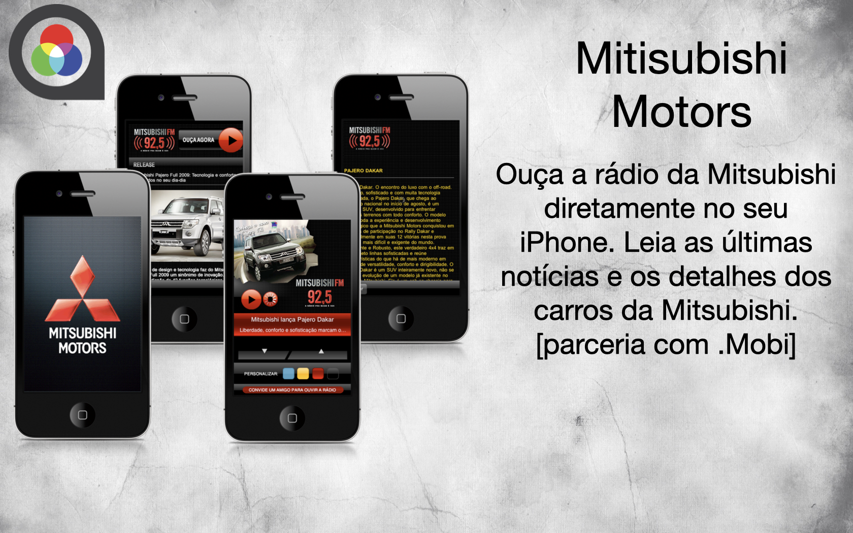 Portfolio slide for the Mitsubishi Motors FM radio streaming app on iPhone with news and car details.