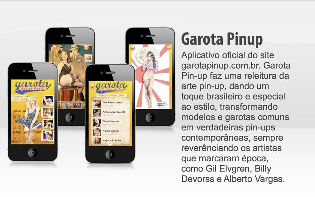 Garota Pinup iPhone app showing a Brazilian pin-up art magazine with model galleries and monthly features.